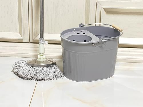 Galvanized Steel Metal Mop Bucket 13L litres Large Industrial Galvanised Reinforced Heavy Duty Thick Metal Steel Mop Bucket for Home Office General Cleaning (Grey)