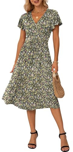 GRECERELLE Womens Summer Wrap Dress Ladies Casual Ruffle Short Sleeve V-Neck Floral Beach Dresses for Women (Black Yellow Flower, L)