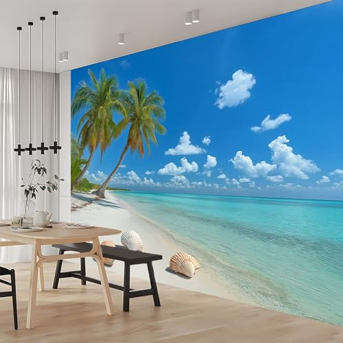 Mural Wallpaper Landscape Tropical Beach Non-Woven Art Print Wall Mural Decoration Poster Picture Design Modern Living Room Kitchen Dining Room Bedroom Wall Wallpaper 350 x 256 cm Blue