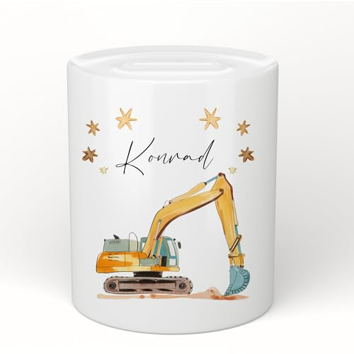 Manufaktur Liebevoll Spardose mit Namen Personalisierte Spardose Kinder Geschenk Baby Mädchen Junge Sparschwein Bagger Fahrzeug Baustelle