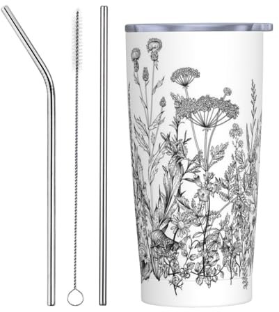YFSGDLBN Mug isotherme en acier inoxydable avec motif fleurs noires et blanches 590 ml