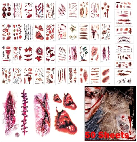 DINGFENG Tatouage Halloween Visage, 280 Pcs Maquillage Effrayant Adulte, Faux Sang Cicatrice Visage Tatouage Temporaire Waterproof, Accessoires Halloween Femme Zombie Horreur Cosplay 50 Feuilles