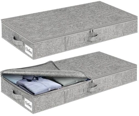 Unterbett Aufbewahrungsbox mit Deckel 13cm hoch, 2 Stück Faltbar Unterbettkommode, Waschbar Kleideraufbewahrung & Organisation, 3 Griffen Reißverschlussdeckel Aufbewahrungsboxen für Kleidung Decken