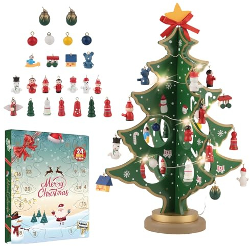 Weihnachtsbaum Adventskalender - Weihnachtsbaum für Kinder Aus Holz mit 24 Anhängern, Ideal für Kinder, Weihnachtskalender Adventskalender Weihnachtsgeschenke, Tischdeko Ornamenten