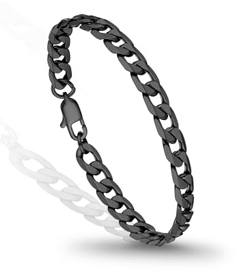 PROSTEEL Mens Bracelet - Stylish Flat Cuban Chain Wrist Link Bracelets Hypoallergenic 316L Stainless Steel Hip Hop Jewellery for Men Boys Black 19CM Length 6MM Width (with Gift Box)