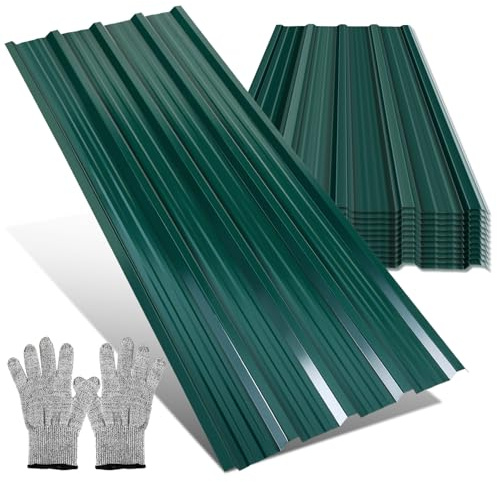 Jaxguom Trapezblech 48er Set (28 m²)129 x 46cm, Dachplatten aus Verzinktem Metall in Grün, Wellblechplatten für Carport, Gartenhaus & Zwinger, Wetterfest mit Schnittfesten Handschuhen