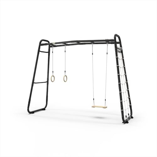 EXIT Toys Klettergerüst Outdoor mit Schaukel – Spielgerüst aus Metall für Kinder und Erwachsene – Mit Kletternetz und Turnringen – GetSet MB210 – 331 x 115 x 248 cm – Schwarz
