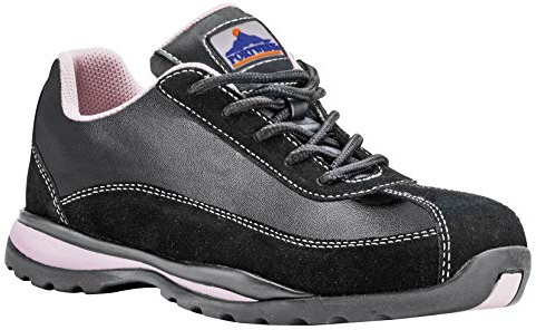 Portwest FW39 Steel Leather Trainer Padded Collar Suede Upper Lightweight | Black/Pink, 7, S1P EN ISO 20345, CE Certified, Specially Designed Fit, Anti-Static Footwear, Durable, Slip Oil Resistant