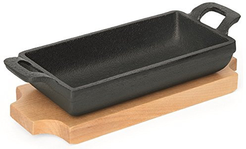 Rechteckige Mini Servierpfanne aus Gusseisen - mit Holzuntersetzer, Griff mit Aufhängeöse / 15 x 7,7 x 3,2 oder 18 x 9,5 x 3 cm (A2-18 x 9,5 x 3 cm)