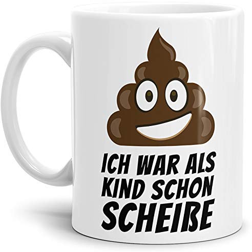 Tassendruck Tasse -Kackhaufen- mit Spruch: Ich War als Kind Schon Scheisse - Weiss -/Smiley/Shit/Kacke/Lustig/Witzig/Spaßig/Mug/Cup/Beste Qualität - 25 Jahre Erfahrung