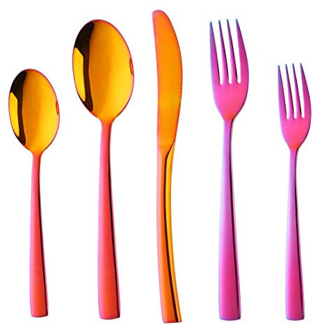 Buyer Star 20 Stück Besteck, Edelstahl Geschirrset für 4, Regenbogen Rot Cutlery Set Geschirr Lila Red Messer Gabel Löffel Set