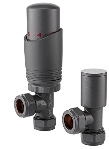 Sandy Beach Anthracite Radiator Valves, Grey Radiator Valve Thermostatic, Anthracite TRV Radiator Valves - Grey Thermostatic Radiator Valve with Lockshield Valve Angled (15mm)