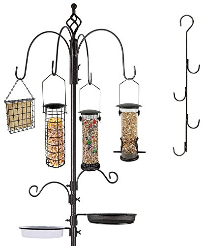 MIXXIDEA Bird Feeder Station Kit - 238 CM Bird Feeders Pole with 5-Prong Base, Multifunctional Birds Feeders Stand for Outdoors, with 7 Hooks, 5 Feeders, 1 Bath Tray, Easy to Use, 1 Set in Black