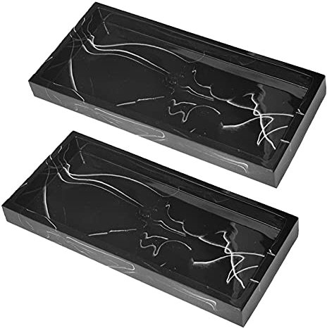 BIKHYY Black Bathroom Vanity Tray 2 Packs Resin Dresser Jewelry Ring Dish Tank Cosmetic Organizer Plate Holder for Perfume Candles Towel Soap Small Plant (2 Pack Rectangle Marble Black)