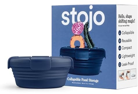 STOJO On The Go Collapsible Bowl - 36oz / 1.1L - Reusable Travel Lunch Bowls - Folding Silicone Storage Container - Nestable & Stackable - Dishwasher & Microwave Safe - Denim