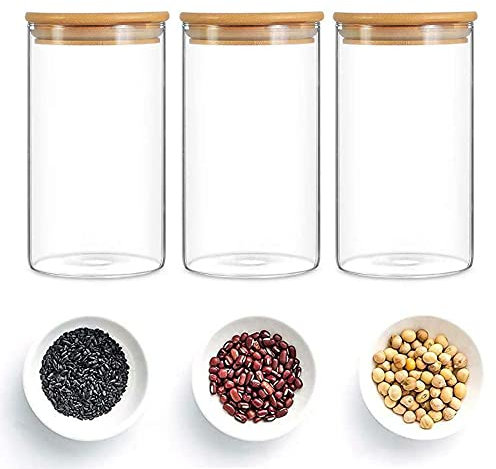 3PCS Glass Jars with Lids, 900ml Glass Storage Jars with Airtight Wooden Lids - kitchen storage & organisation with Bamboo Lids Kitchen Containers, For Tea, Beans, Sancks, Cereal etc.