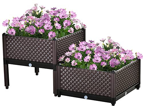 Outsunny Set di 2 aiuole rialzate in plastica da 41 l, 50 x 50 x 46,5 cm, con design autoirrigante e fori di drenaggio, per patio, balcone