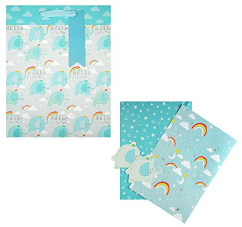 Hallmark 25572210 Geschenktüte- und Geschenkpapier-Set für Baby-Jungen, 1 große Geschenktüte und 2 Papierbögen in einem niedlichem Design