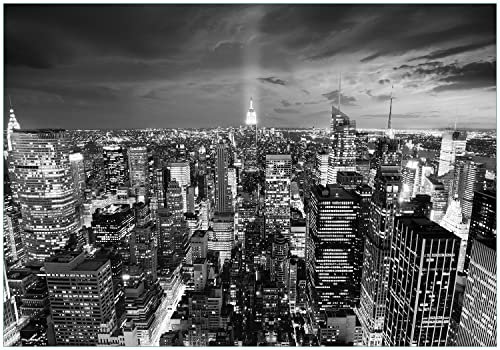 Wallario Vliestapete Fototapete New York bei Nacht - Panoramablick über die Stadt - schwarzweiß - Wandtapete Größe: 200 x 140 cm