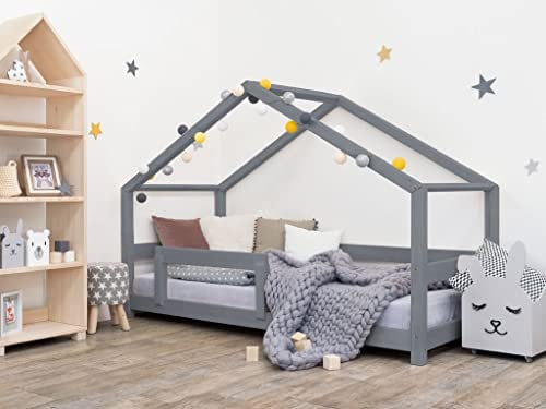 Benlemi Hausbett mit Rausfallschutz Lucky 80x160 cm Grau Bettenhaus mit Lattenrost/Rollrost aus Massivholz für Kinder- und Jugendzimmer Spielbett