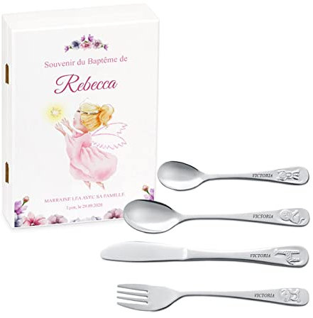 Maverton Set de couverts personnalisé dans boîte en bois imprimée - Thème Animal - Cadeau d'anniversaire personnalisé - Pour filles - Cadeaux bébé - Coutellerie gravée - ANGE