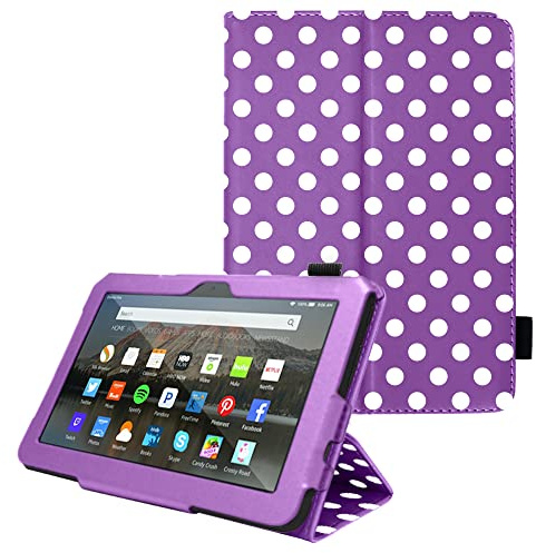 TECHGEAR Case Designed For All-New Amazon Fire 7 (12th Generation / 2022 Release) PU Leather Slim Folio Stand Case Cover with Hand Strap [Purple Polka Dot] with Auto Wake/Sleep