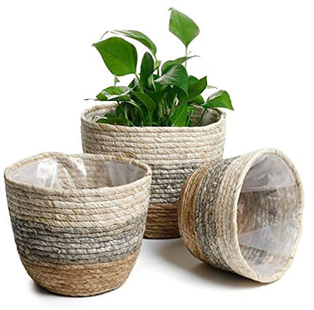 Operitacx 2Pcs Woven Plant Pots 9.8 Plant Basket With Liner, Hand Woven Plants Flower Pot Basket Plant Pot for Indoor Outdoor Plants Houseplant Pots Hamper Basket
