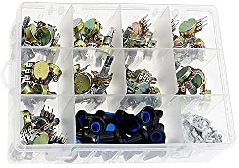 OHM Lineares Potentiometer, B1K B5K B10K B20K B50K B100K B250K B500K B1M Ohm gerändelter Schaft linear, Drehkonischer Potentiometer mit Kunststoffknopf-Set, 45 Stück