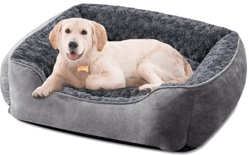 JOEJOY Hundebett Hundekorb Waschbar Hundekörbchen rutschfeste Hundebetten Flauschig Hundematratze mit Erhöhte Ränder Weiches Hundesofa für Mittelgroße Hunde Katzen L(76x61x23cm) Grau