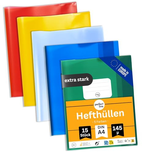 perfect line - 15 Hefthüllen DIN A4 – 5 Farben, glasklar, extra stark – transparente Heftumschläge aus recycelbarem PP, dokumentenecht, säurefrei, langlebig – Heftschoner für Schule & Büro