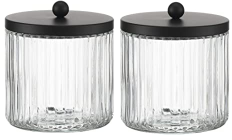 KMwares 2-Pack Glass Qtip Holder Dispenser Set - Bathroom Canister Storage Organizer for Cotton Balls, Swabs, Floss Picks, and Makeup Sponges with Matte Black Metal Lid - Clear Vanity Apothecary Jars