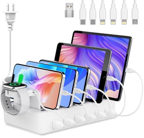 Honcila Charging Station for Multiple Devices, 6 Port 50W Fast Multi Charger Station Charging Dock with 6 Mixed Charging Cables for iPhone, iPad, Kindle, Tablet, Cellphone and Others, LZZC-C-06