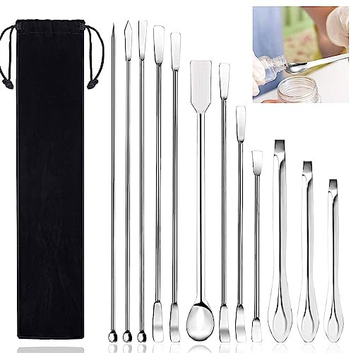 DTYGUIXE 12 Pz Spatola e Cucchiaio da Laboratorio Spatola in Acciaio Inossidabile Laboratorio Micro Paletta a Doppia Testa Cucchiaio con Custodia in Velluto per Polveri di Campionamento in Laboratorio