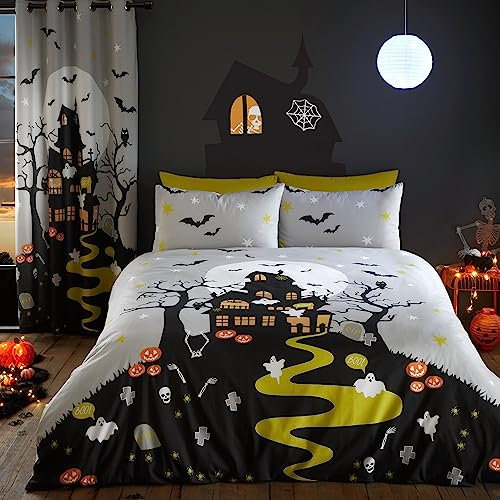 Bedlam - Halloween Spukhaus Bettwäsche - Einzelbett (140 x 200cm) - Leuchtet im Dunkeln - Spukhaus Motiv Bettwäsche - Halloween Dekoration für Kinderzimmer - Passender Vorhang erhältlich