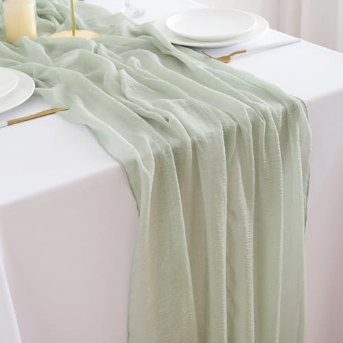 DROMCOM 2 Stück Tischläufer Salbeigrün Seihtuch Tischläufer, 300 x 80cm Musselin Tischdeko, Grün Boho Gaze Dekostoff, Rustikal Tischläufer Käsetuch Waschbar für Hochzeit, Geburtstag Party, Taufe