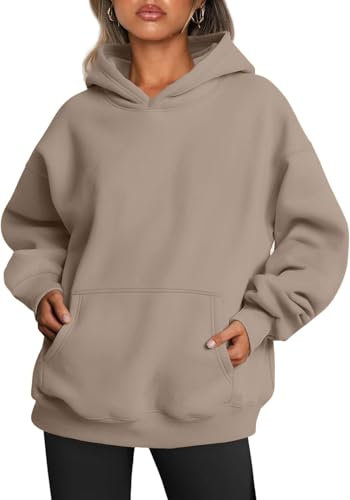 Yunmlep Hoodie Damen Kapuzenpullover Oversize Casual Pullover Sweatshirt Langarm Baumwolle Pulli Herbst Winter Hoody mit Tasche (Kaffeegrau, M)