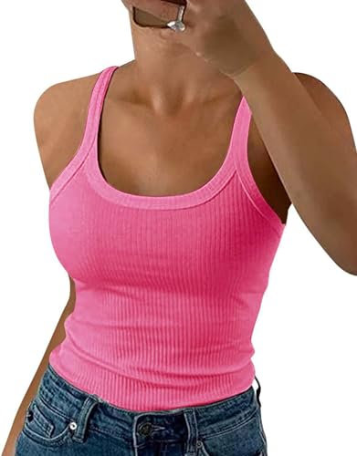 ELFIN Damen Spaghetti Top Gerippt Sommer Sexy Tank Top Cami Oberteile Ärmellos Slim Fit Basic Shirt Ribbed Träger Tops Einfarbig (S, Roserot)