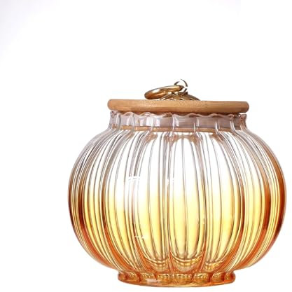 soulnioi 600ml Glass Pumpkin Jar With Lid Pumpkin Glass Container for Candy Sugar with Wooden Lid (Yellow)