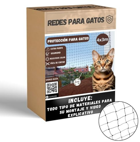 FR3 ®️ Red para Gatos de 3x4 | Reforzada |12 hebras de PE Más 1 hebra de Acero | Red para Gatos terraza | Fija O CORREDERA | Evita la Caída o la Escapada de su Gato | Apto para Ventanas, Balcones.