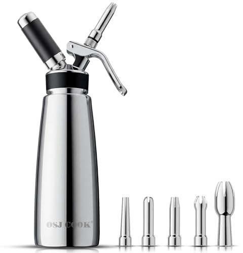 OSJCOOK Whipped Cream Dispenser Stainless Steel Cream Whipper Mirror Finish,500 mL/1 Pint Professional Cream Maker,5 Various Stainless Decorating Nozzles,1 Cleaning Brush,N2O Chargers NOT included
