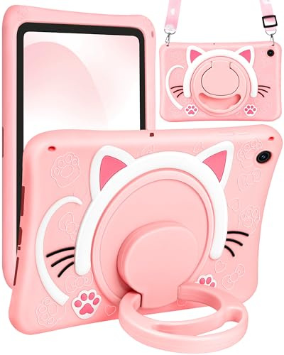 SurgeCraft Schutzhülle für Samsung Galaxy Tab A9 Plus, 27,9 cm (11 Zoll), Tablethülle 11 Zoll, Hüllen für Tablets, niedliche Katze, Mädchen, Kawaii, mit Gurt und Griff, Ständer, weiche Silikonhülle