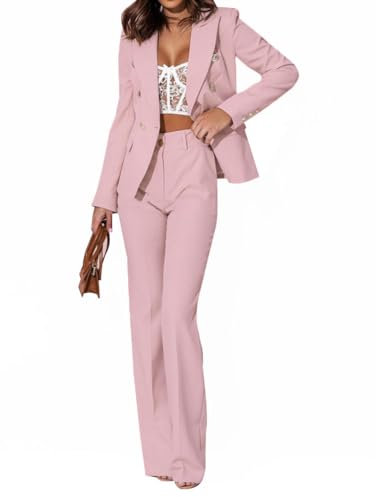 Minetom Tailleur Femme 2 Pièces Elegant Couleur Unie Slim Fit Manche Longue Blazer Veste Formel Bureau Travail Pantalon Ensemble Costumes Outfits A Rose XXL
