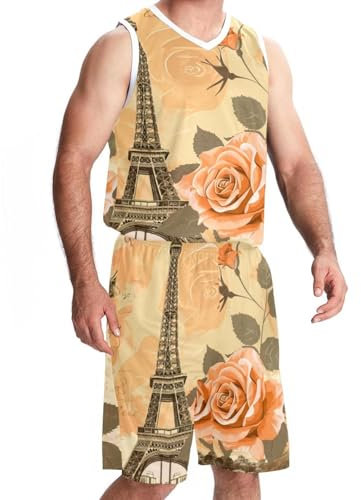 FNETJXF Basketball-Trikot, Shorts, Sport-Set, Outfit, Tank-Top, Trainings-Shorts, Herren, athletisches Basketball-Trikot, Paris, Vintage, Rose, Schmetterling, Eiffelturm, Muster 918, XXXL
