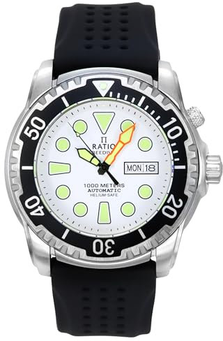 RATIO FreeDiver Heliumsichere Taucheruhr Mit Saphirglas - Automatisch, 1000M Wasserdicht für Herren, Weiß - Neues Design, Casual