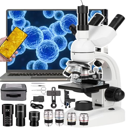 Microscopio Trinocular Profesional 40x-5000x, Ocular ElectróNico+Etapa MecáNica+Enfoque Ultrapreciso+IluminacióN Led Dual para La Escuela/Operaciones Experimentales,White
