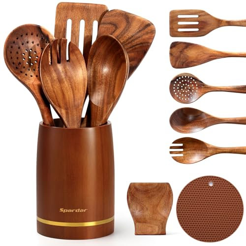 Spardar Küchenutensilien aus Holz, 9 pcs Holzlöffel-Set, mit 6 Kochlöffeln aus Teakholz, Löffelablage, 3.3 in Utensilienhalter, als Küchendekoration und Einweihungsgeschenk