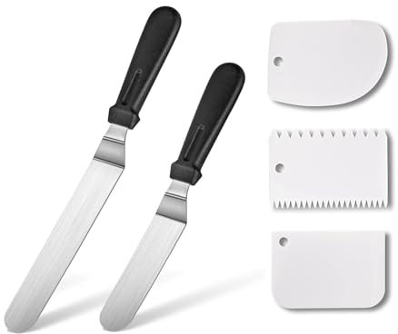 Angled Palette Cake Set, 2 Pieces Stainless Steel Spreading Palettes Thickened Cake Spatula Icing Spatula with 3 Pieces Cake Smoother Scraper for Painting Cake Decoration Baking