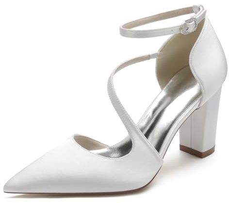 smlekwc Scarpe da Sposa con Tacco Alto A Blocco da Donna Scarpe da Sposa in Raso A Punta Elegante Abito da Corte Incrociato Pompe con Cinturino alla Caviglia