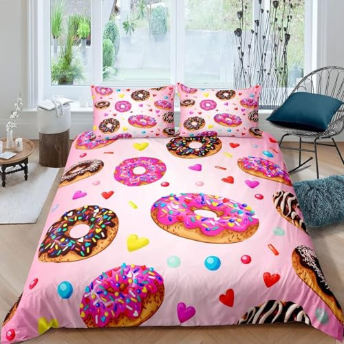 Homemissing Beignets Filles Parure de Lit Beignets Housse de Couette 140x200cm Beignets au Chocolat pour Garçons et Filles Ensemble de literie Mignon Chic Dessert en Forme de Coeur Rose décoration
