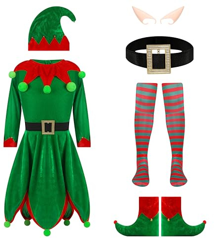 QiaoPkeb 6-teilige Frauen Urlaub Elfen Kostüm Samt Kleid Weihnachten Karneval Rollenspiel Elfen Hut Schuhe Ohrriemen Socken (XL)
